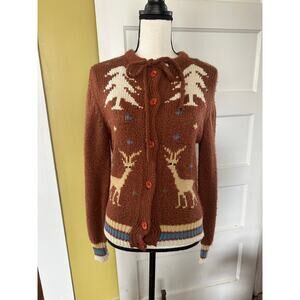 AMAZING vintage Christmas Sweater Cardigan Neutral Tree Reindeer Varsity Stripes